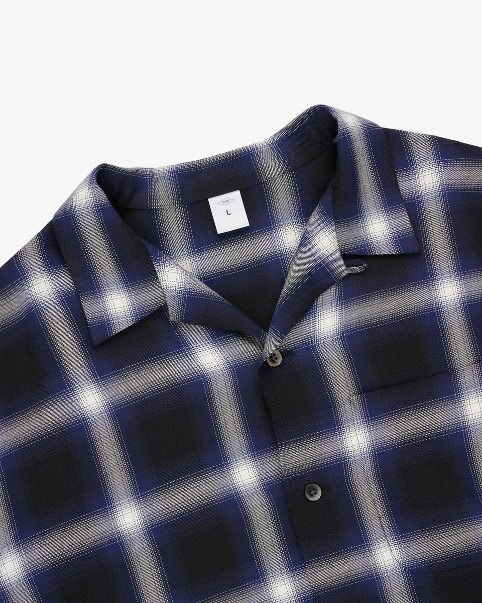 Open Collar Shirt/ Navy Ombre Check Rayon Gabardine – FRONT 11201