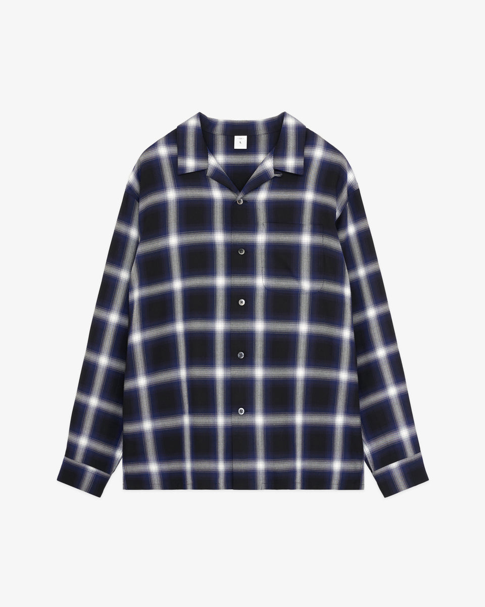 Open Collar Shirt/ Navy Ombre Check Rayon Gabardine – FRONT 11201